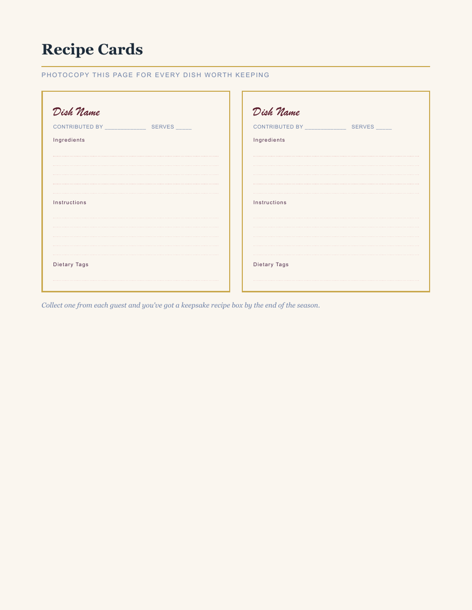 Planner recipe card pages