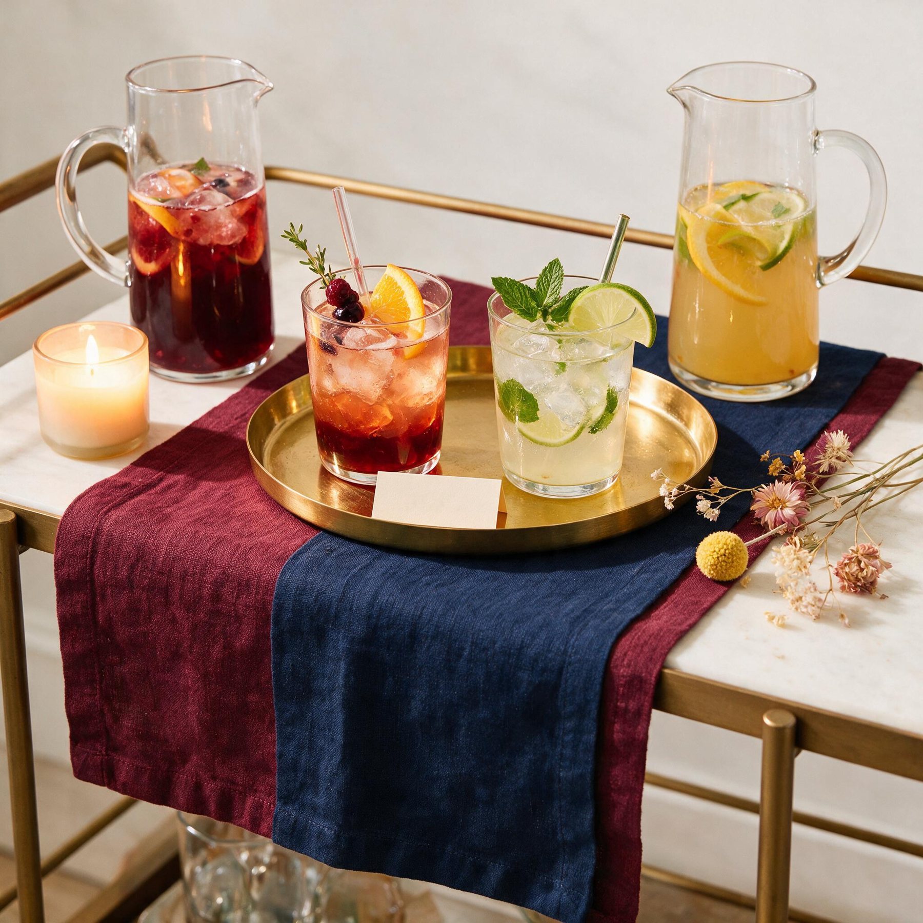 Cocktail and mocktail bar cart with pitchers and a gold tray