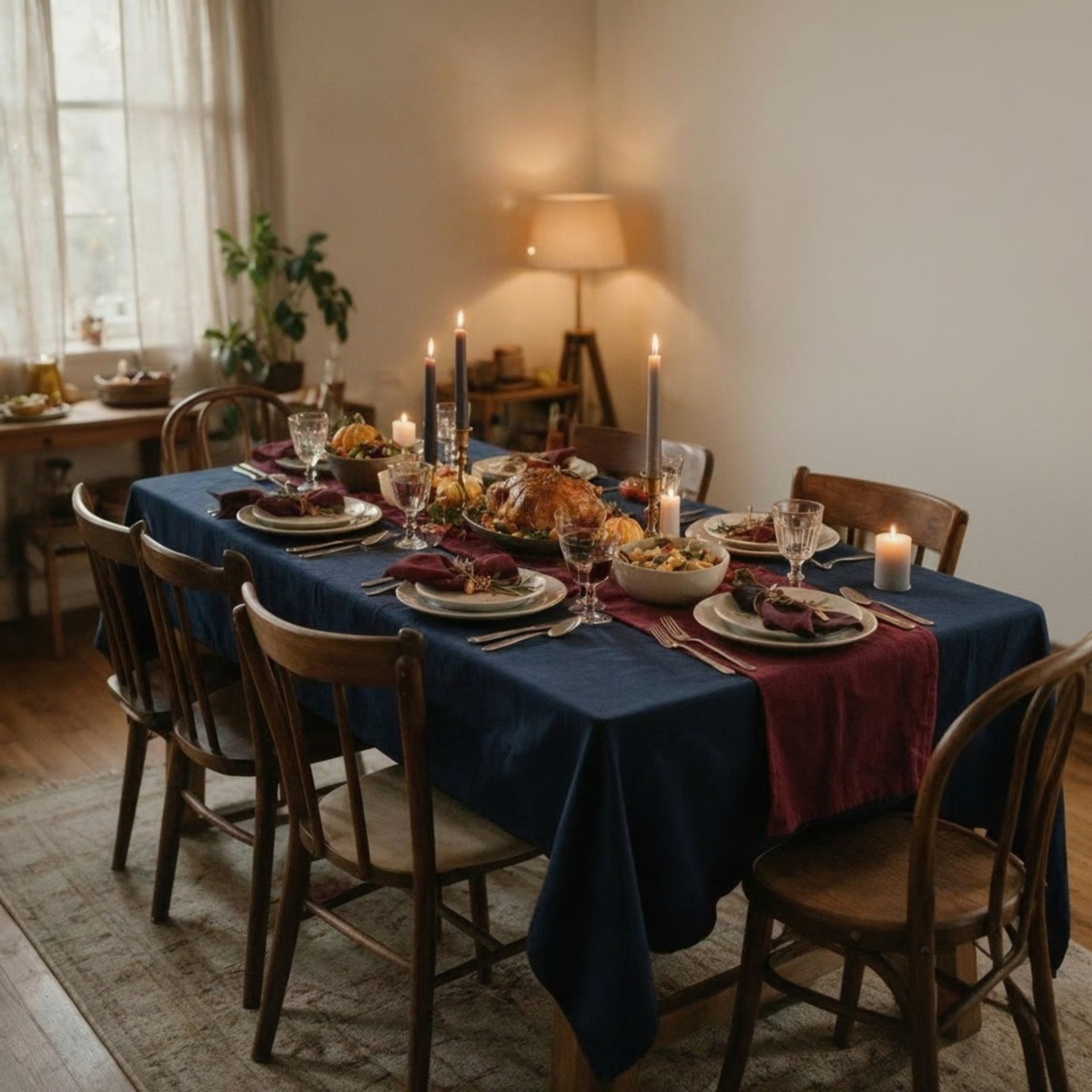 Candlelit dining room table set with navy linen and burgundy napkins