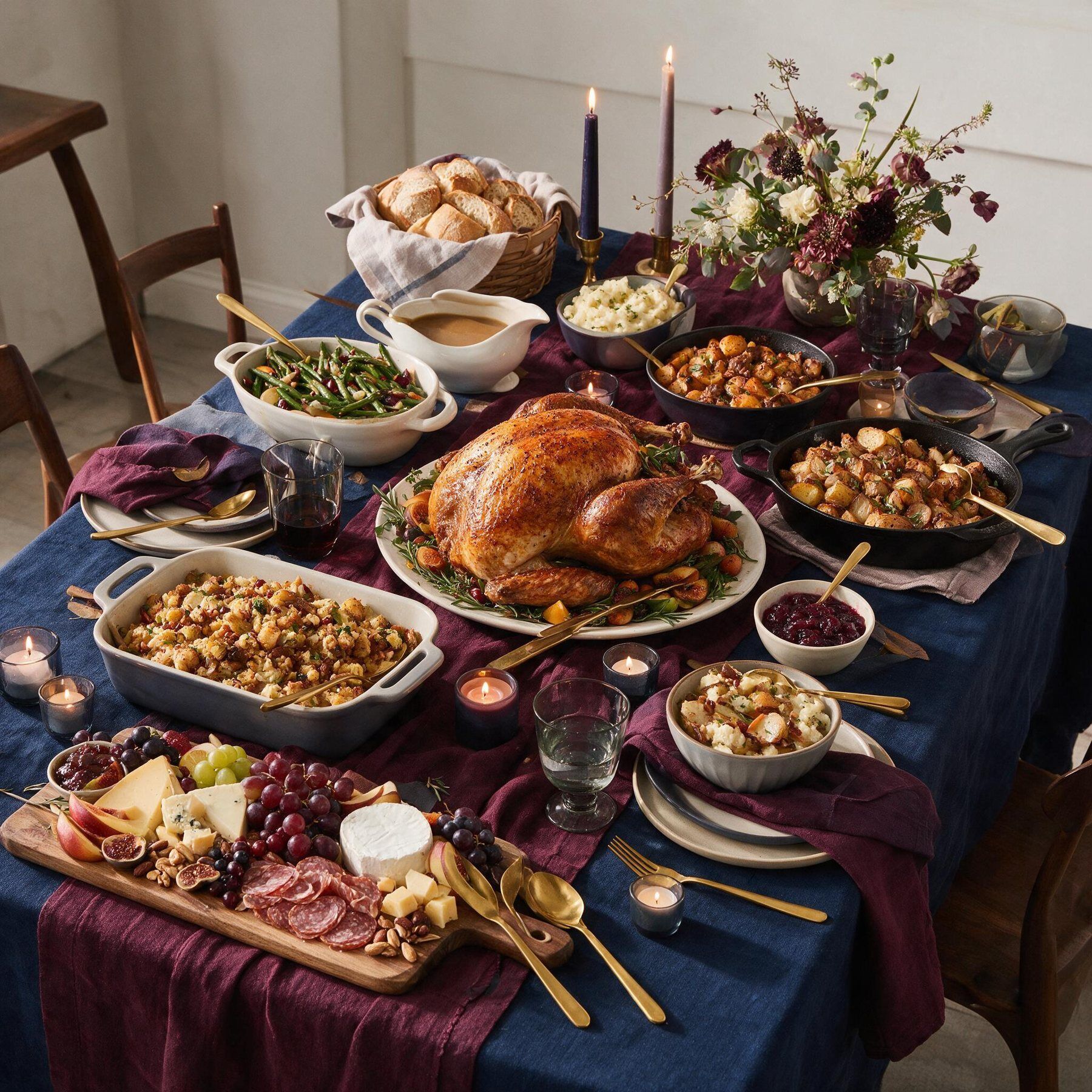 A full Friendsgiving table with turkey, sides, bread, and a grazing board