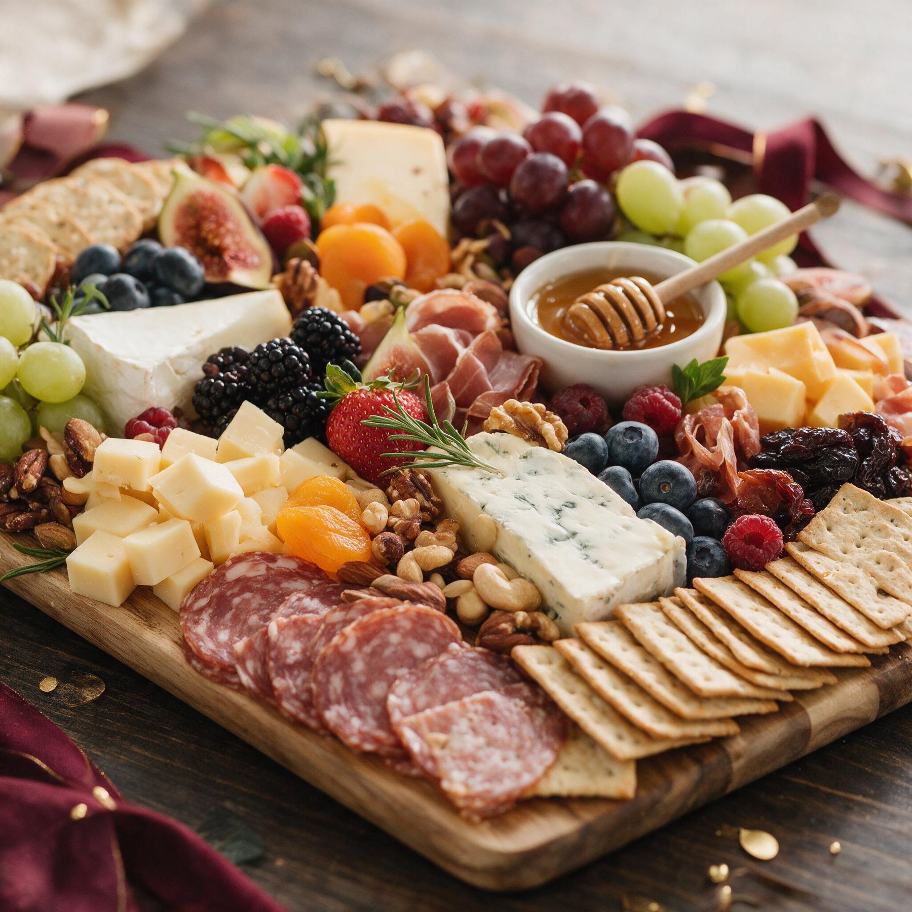 Grazing board with cheeses, fruit, nuts, and honey