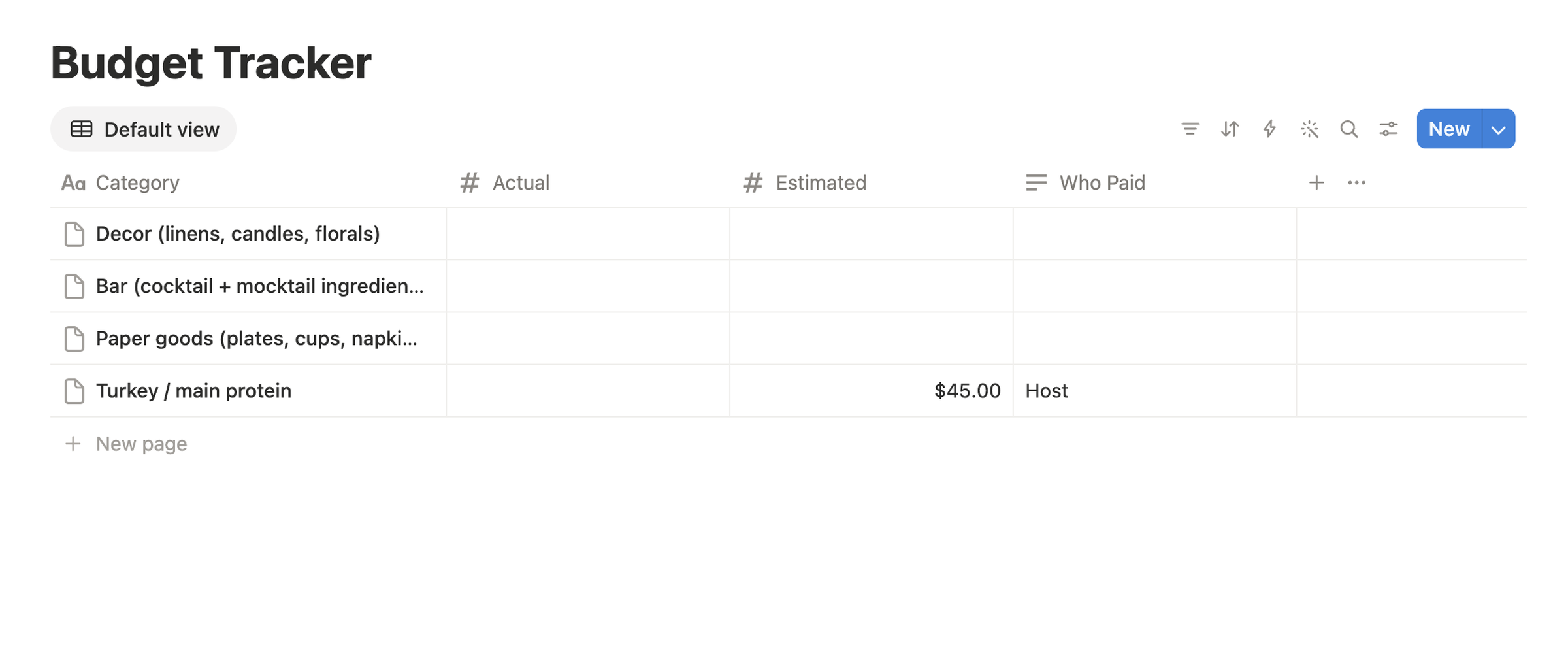 Notion shared budget table with costs split across the group