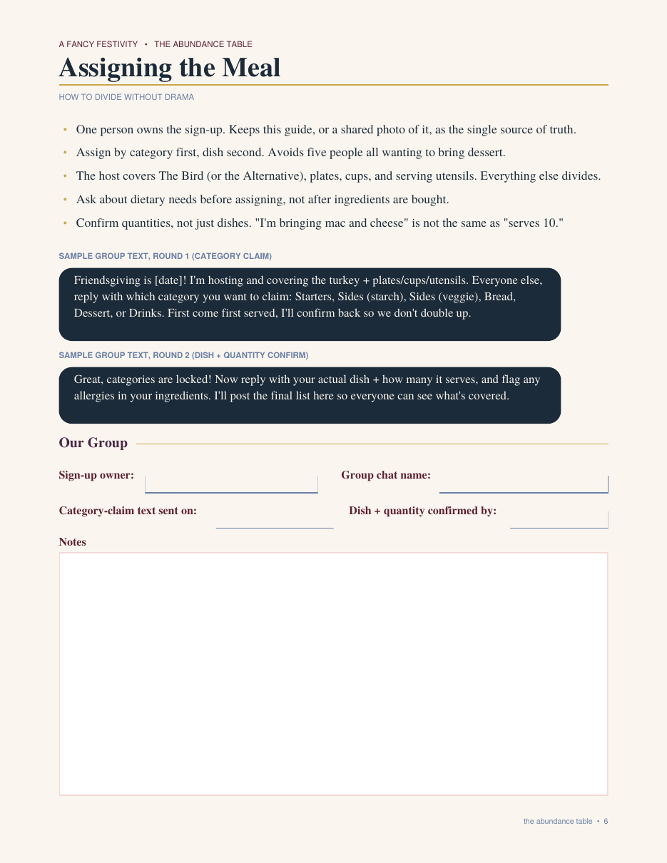 Planner page with sign-up tips and two sample group texts