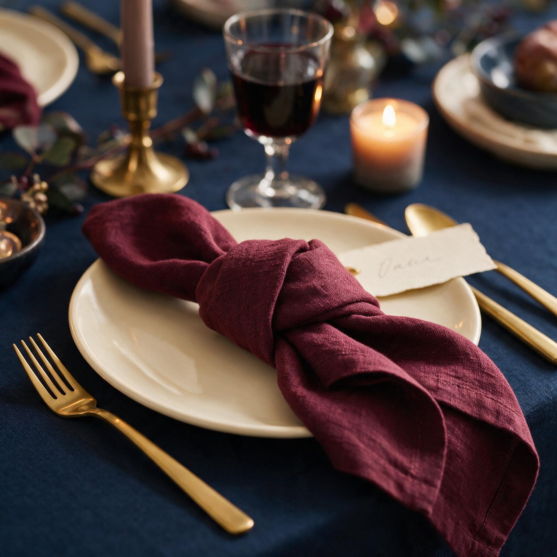 Place setting with a knotted burgundy napkin and gold flatware