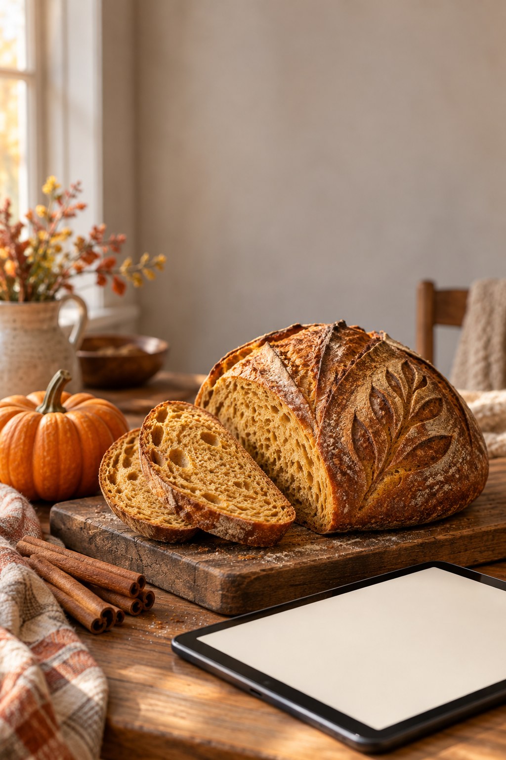 Pumpkin spice sourdough with two slices ready for the bread board